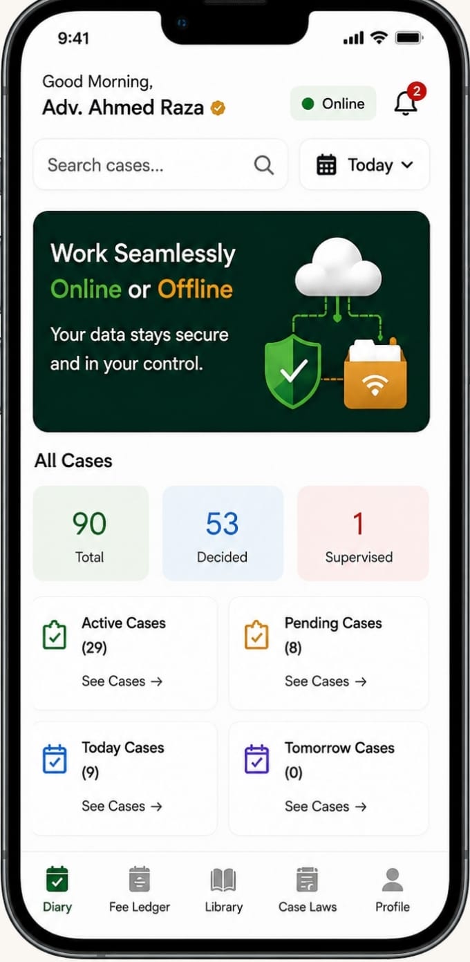 The Lawyer's Manual app dashboard — case counts (Active, Pending, Today, Tomorrow), calendar and offline mode